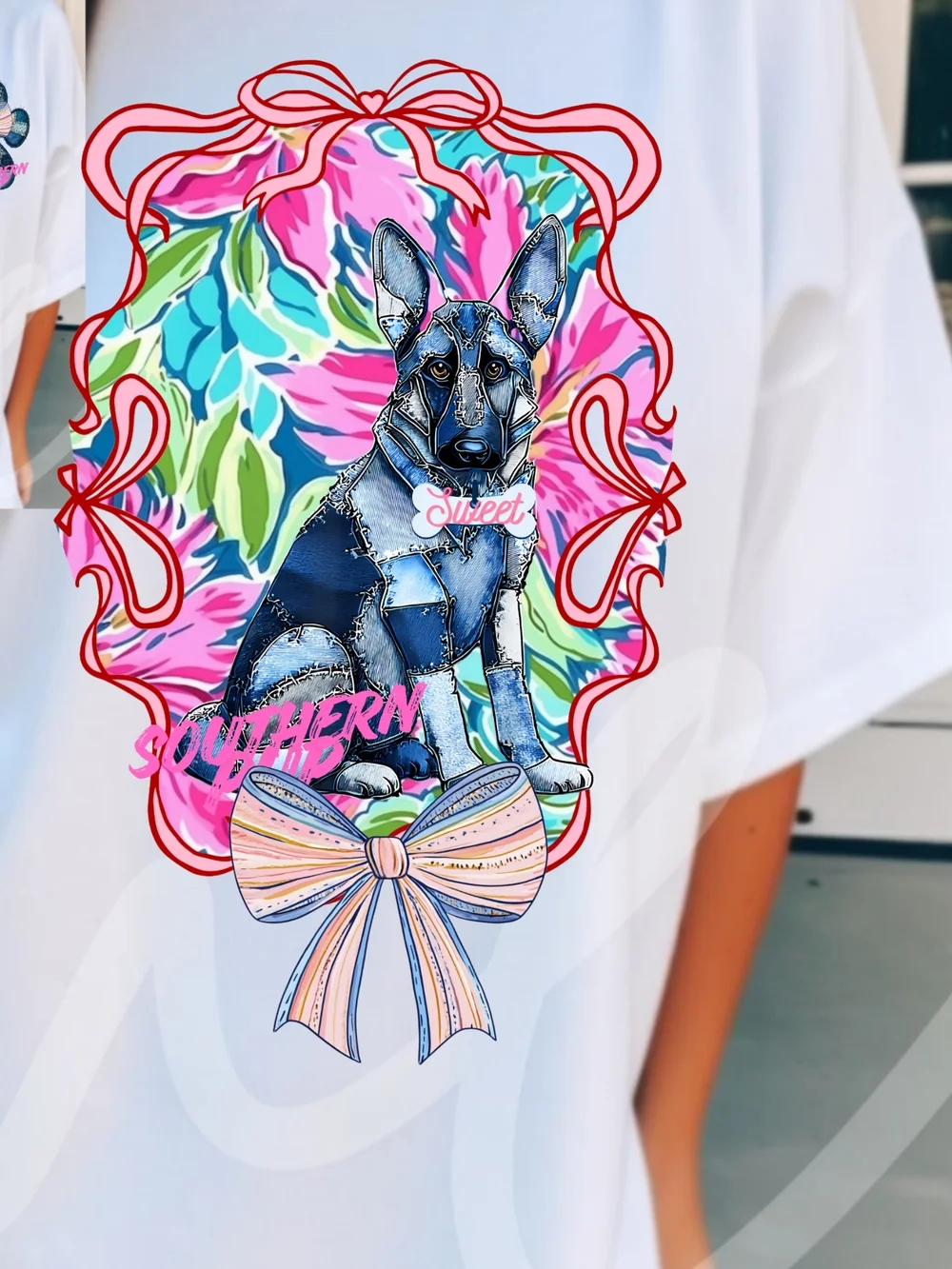 Gildan White Tee with Denim Patch Paw & Pastel Bow - Picture 10 of 16